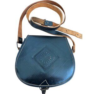 Vintage Handcrafted Black Leather Crossbody Bag With Embossed Design